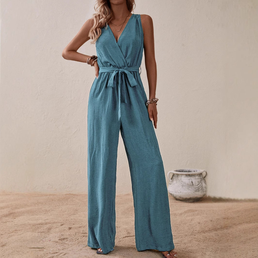 Women's Strap High-Waist Sleeveless Jumpsuit – Ice Silk Casual Wide-Leg