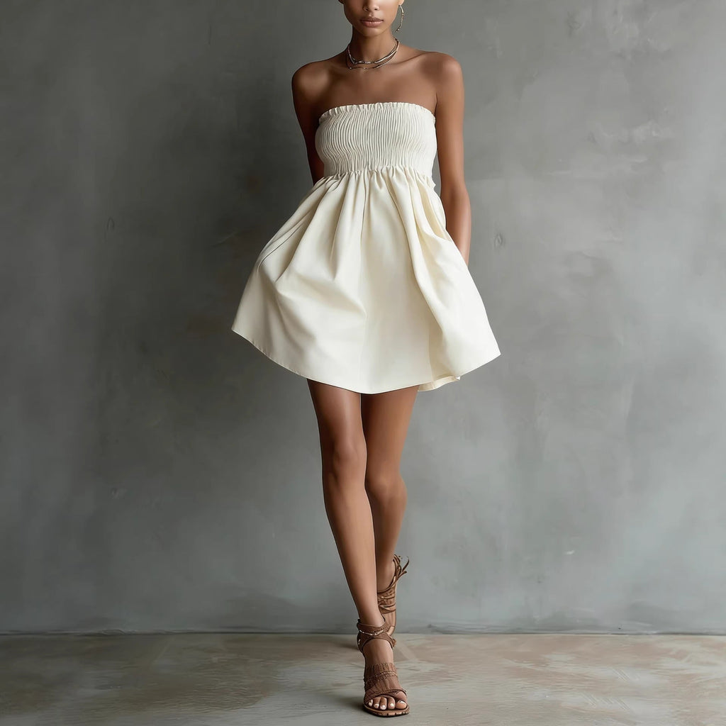 Women's Strapless Tube Mini Dress – Solid Color Elastic Waist