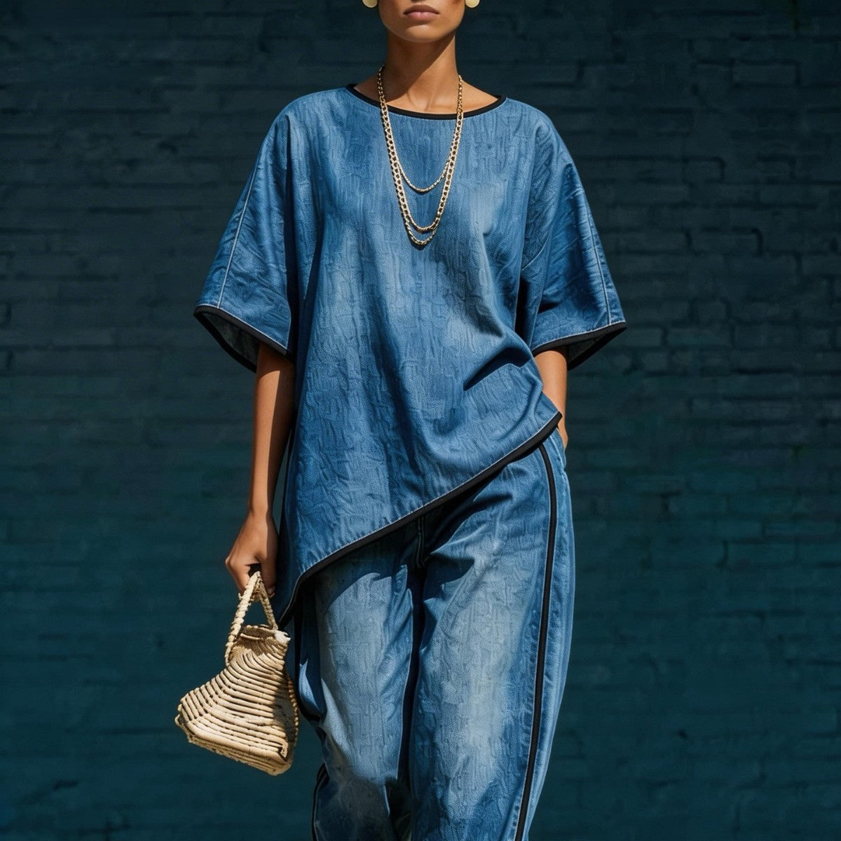 Women's Denim-Style Knit Top & Wide-Leg Pants Set – Casual 2-Piece