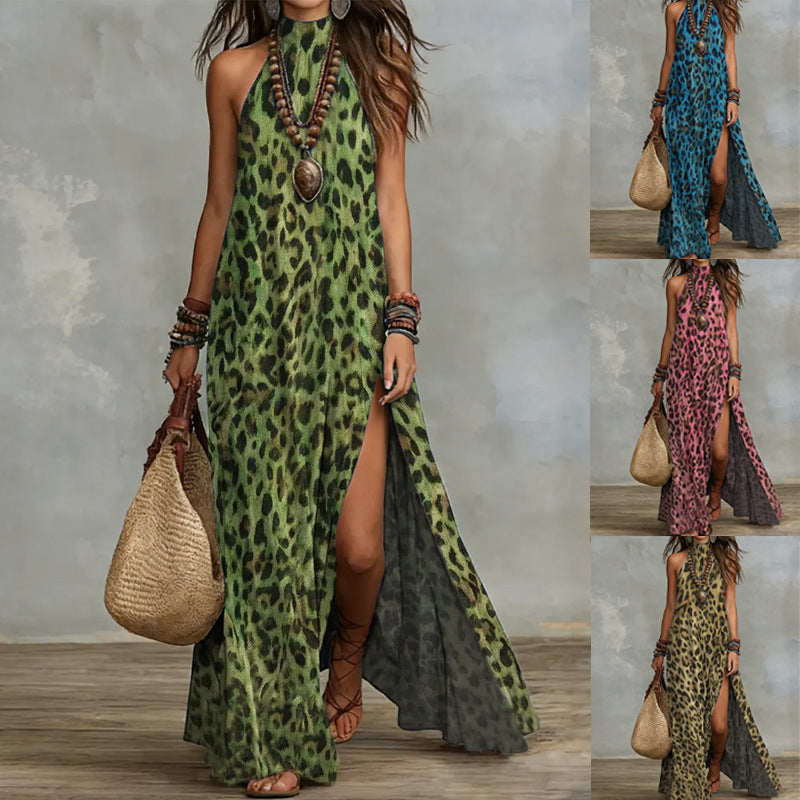 Women's Printed Scarf-Style Maxi Dress – Sleeveless, Split, Loose Boho