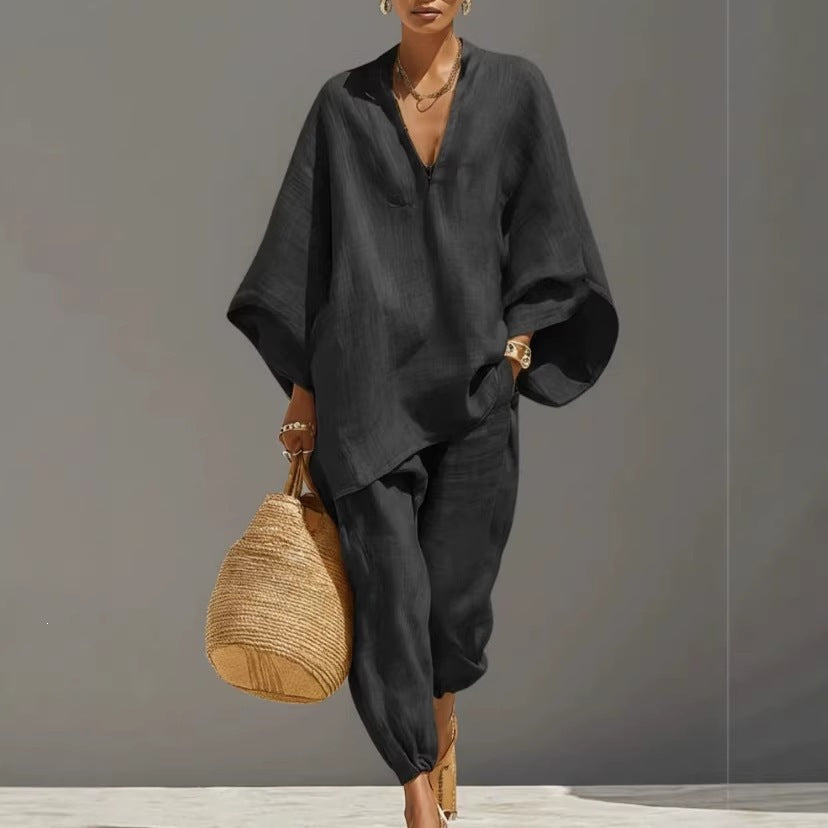 Women's Loose Shirt & Cropped Pants Two-Piece Set – Casual Vintage Co-Ord
