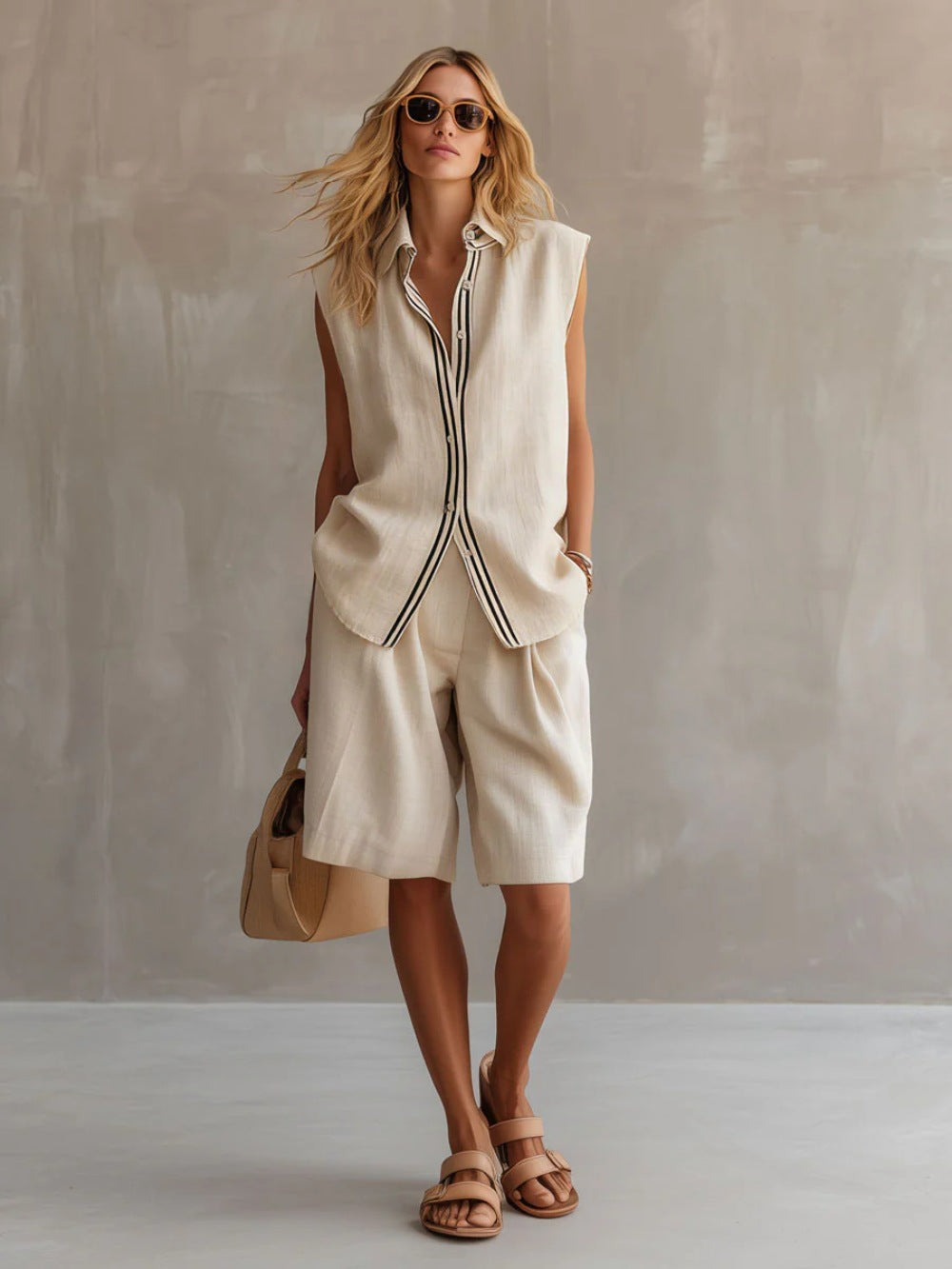 Women's Linen Shirt and Shorts Set – Sleeveless Summer Two-Piece