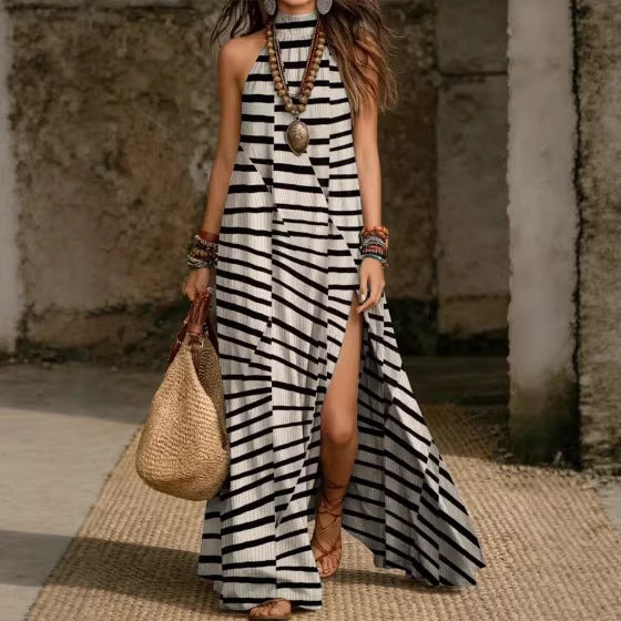 Women's Printed Halterneck Split Maxi Dress – Loose Fit Sleeveless