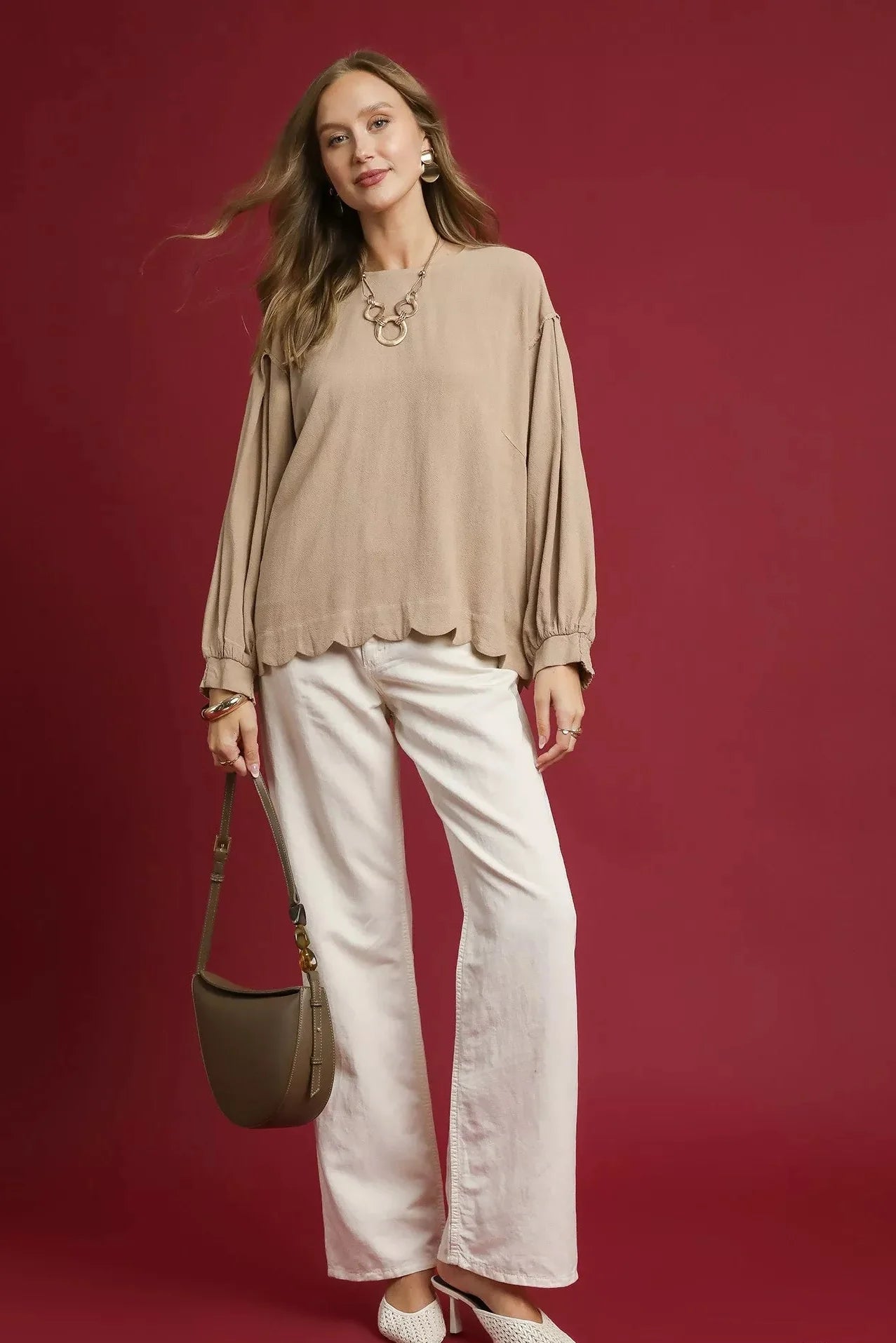 Umgee Linen Scallop Hem Long Sleeve Blouse | Fitiquefit