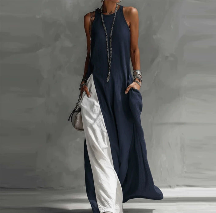 Off-Shoulder Color-Block Flared Maxi Dress with Pockets | 5 Colors