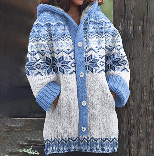 Women’s Floral Linen Cardigan – Retro Hooded Loose Knit Top