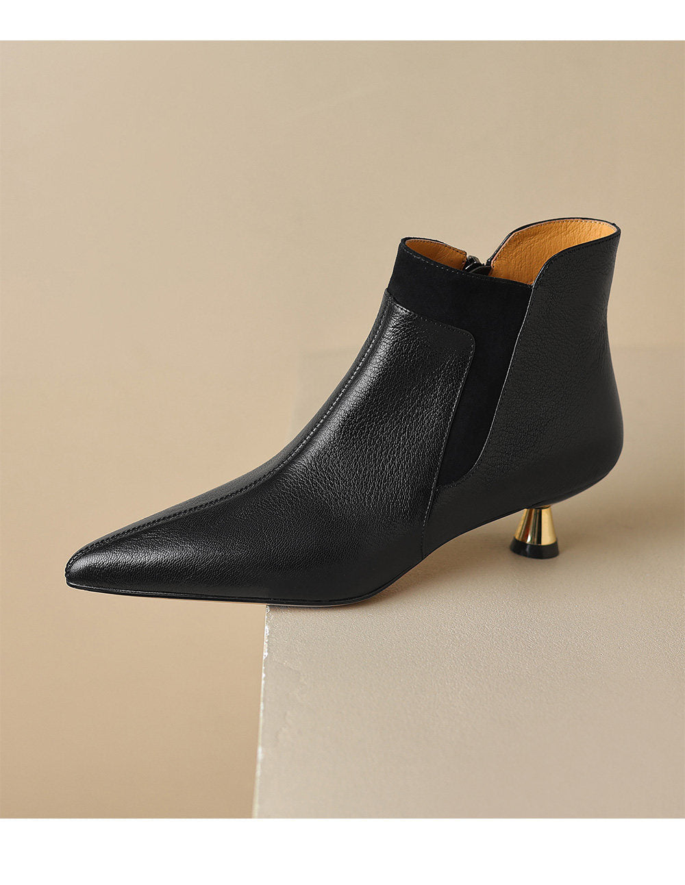 Women's Genuine Leather Kitten Heel Ankle Boots – Pointed Toe Side Zip