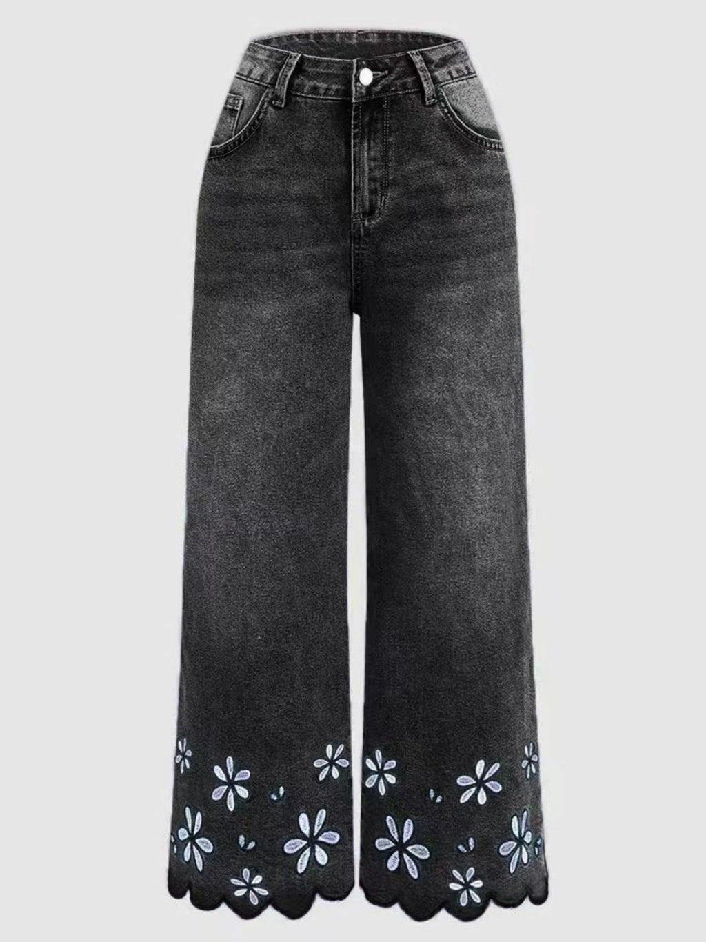 Chrysanthemum Embroidered Cropped Denim Jeans – Women's Loose Straight-Leg