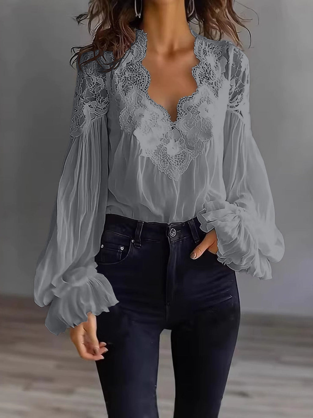 Lace-Panel Puff Sleeve Pleated Ruffle Shirt | Ballet Style