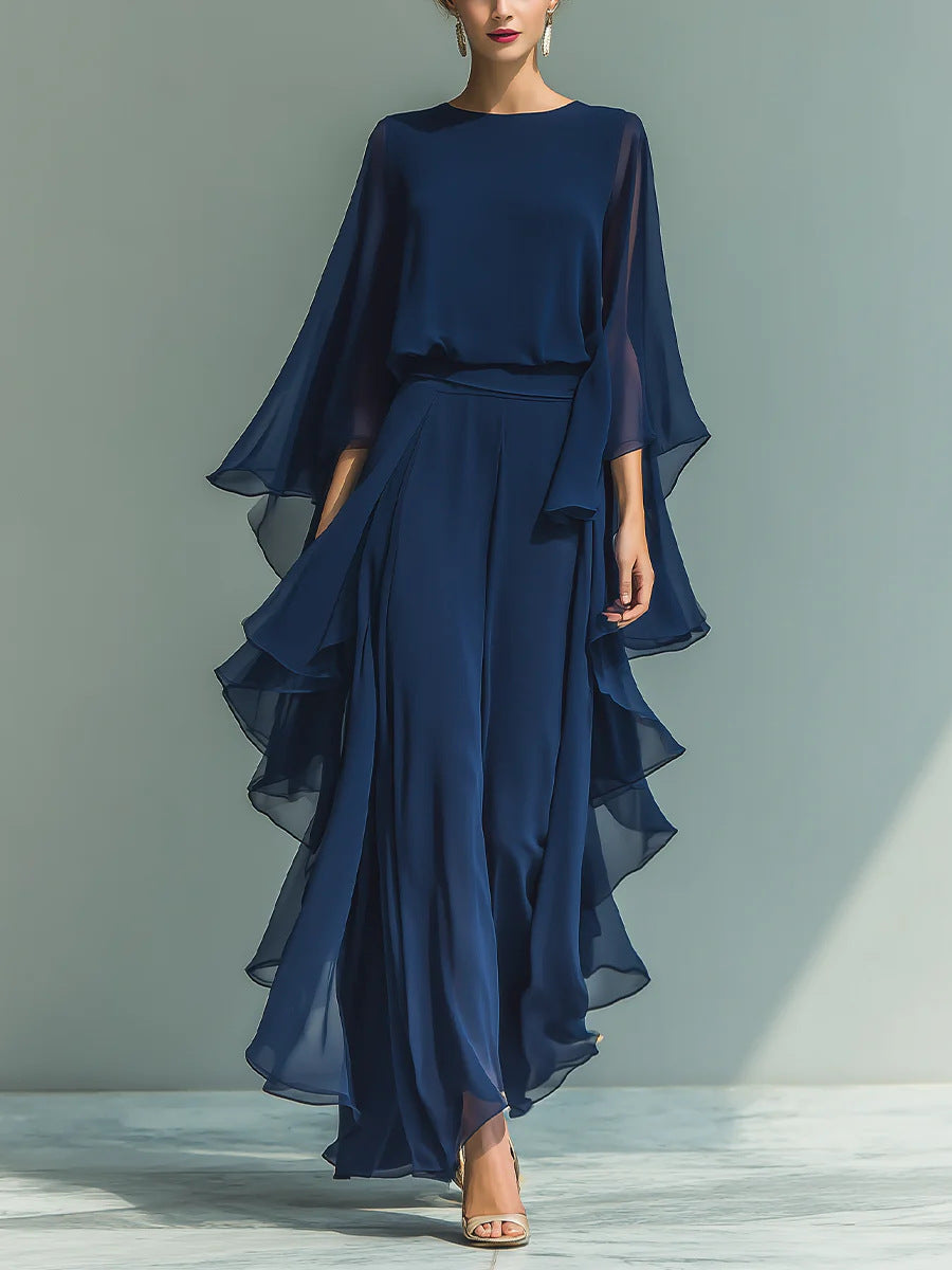 Deep Blue Ruffle Wide-Leg Pants Set – Elegant Two-Piece Batwing Sleeve Outfit for Women