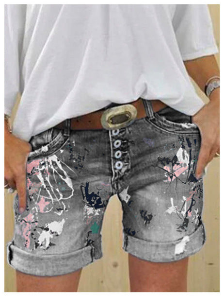 Women's High-Waist Printed Elastic Denim Shorts with Button Closure