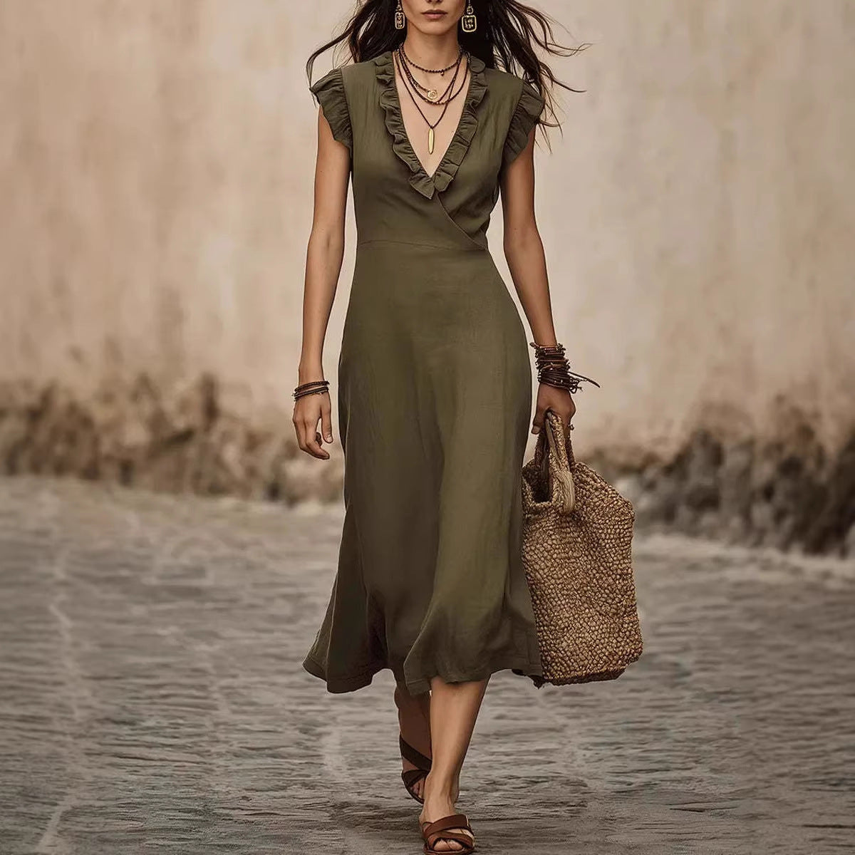 Women's V-Neck Cotton-Linen Flutter-Sleeve Ruffle-Trim Midi Dress
