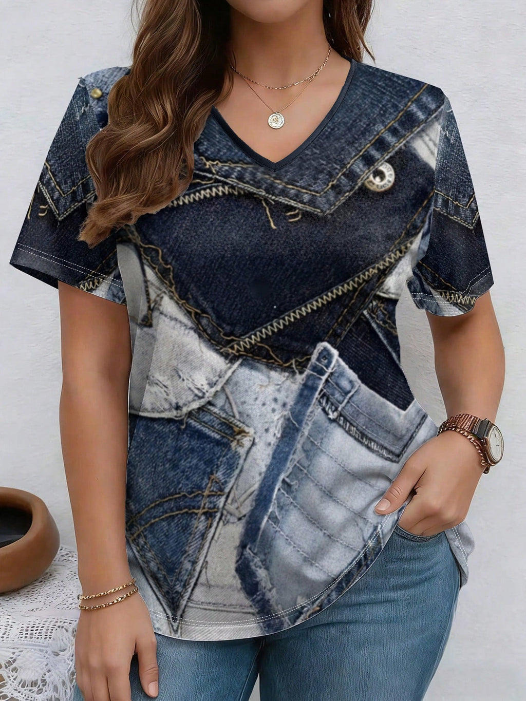 V-Neck Denim Print Short Sleeve T-Shirt | Loose Casual Tee