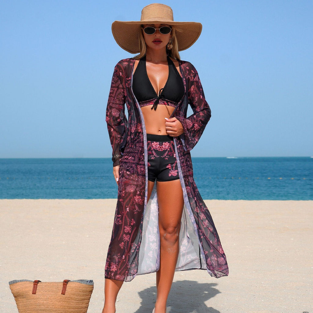 Color-Block Print Bikini Three-Piece Set – Long Sleeve Sexy Swimwear