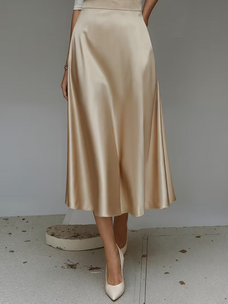 Women's Satin Solid Color Mid-Length Skirt – Slight Stretch