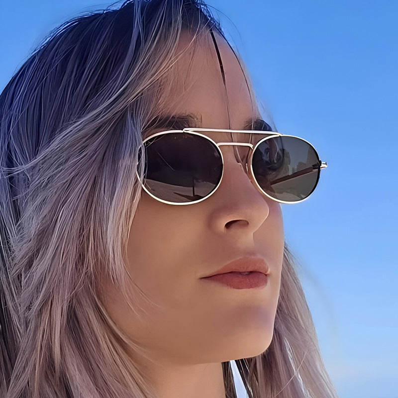 Retro Oval Dual-Beam Metal Sunglasses | UV Protection