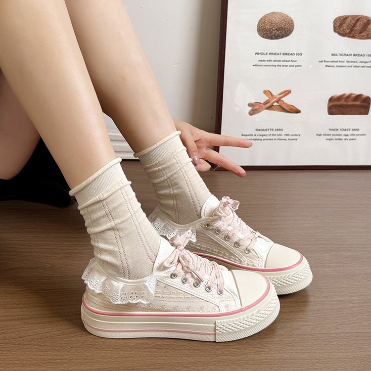 Women's Lace Frill Floral Embroidery Canvas Sneakers – Low-Top Lace-Up
