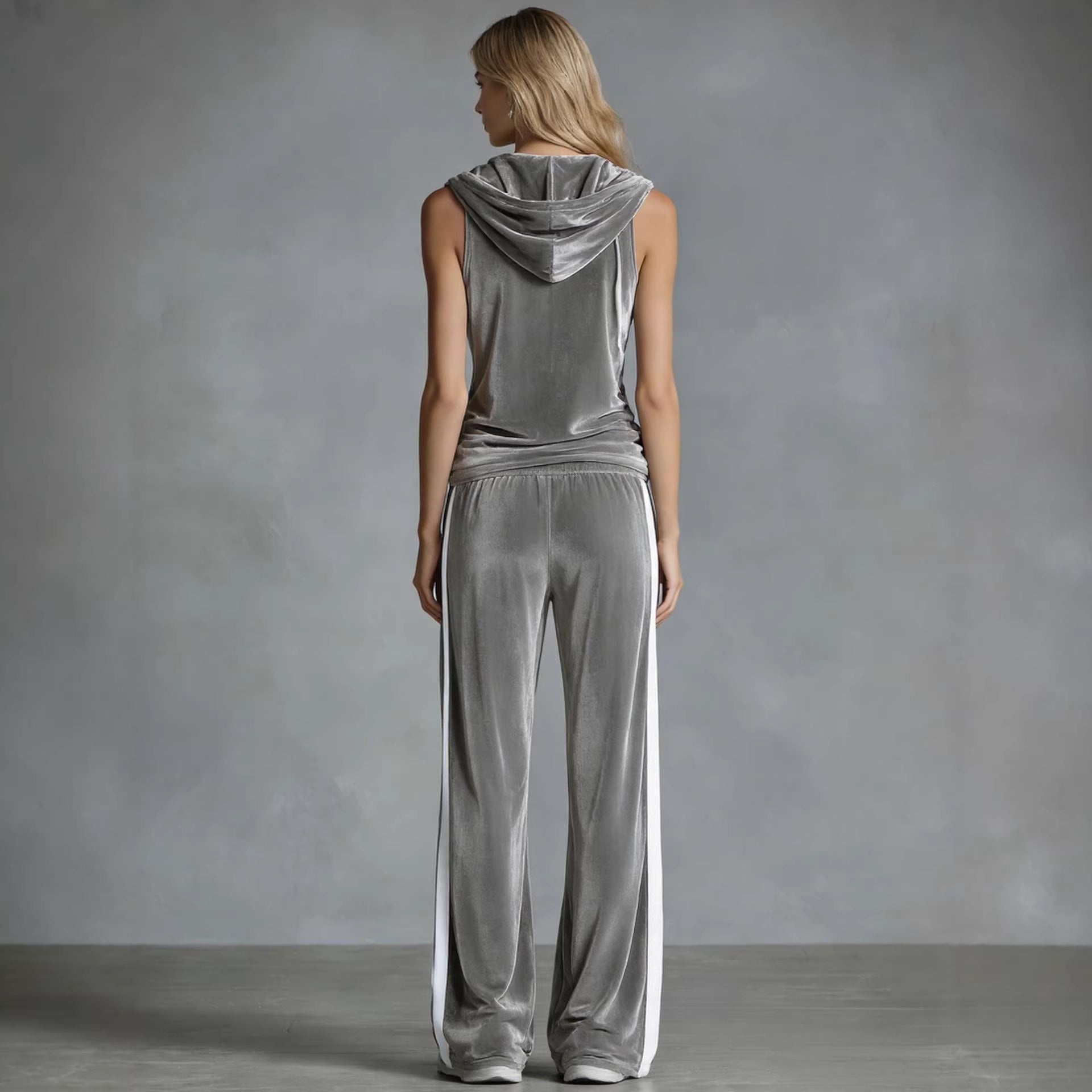 Women's Sleeveless Hooded Velvet Top & Long Pants Set | Casual Sporty 2-Piece in 6 Colors