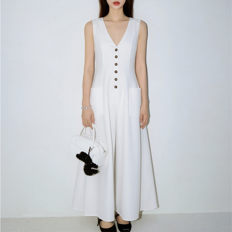 Women's V-Neck Sleeveless Button-Up Pencil Dress