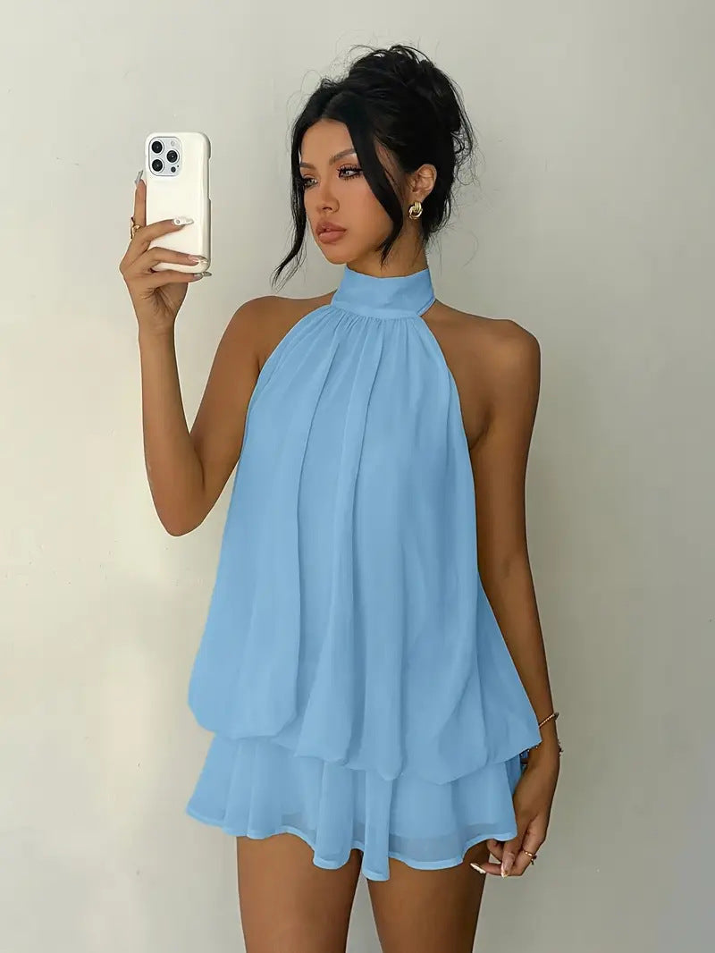 Women's Backless Halter Neck High-Waist Mini Dress with Puffy Skirt