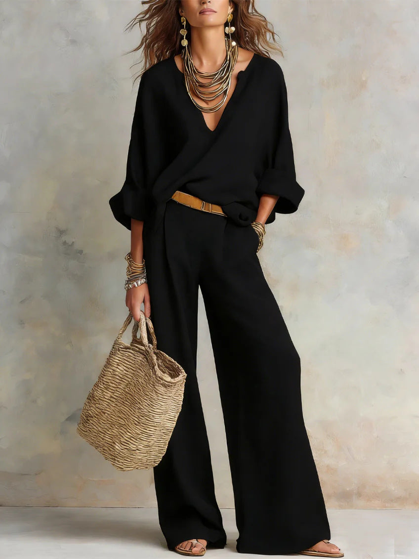 Women's Casual Linen Vacation Set – Three-Quarter Sleeve Top & Full-Length Pants