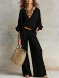 Women's Casual Linen Vacation Set – Three-Quarter Sleeve Top & Full-Length Pants