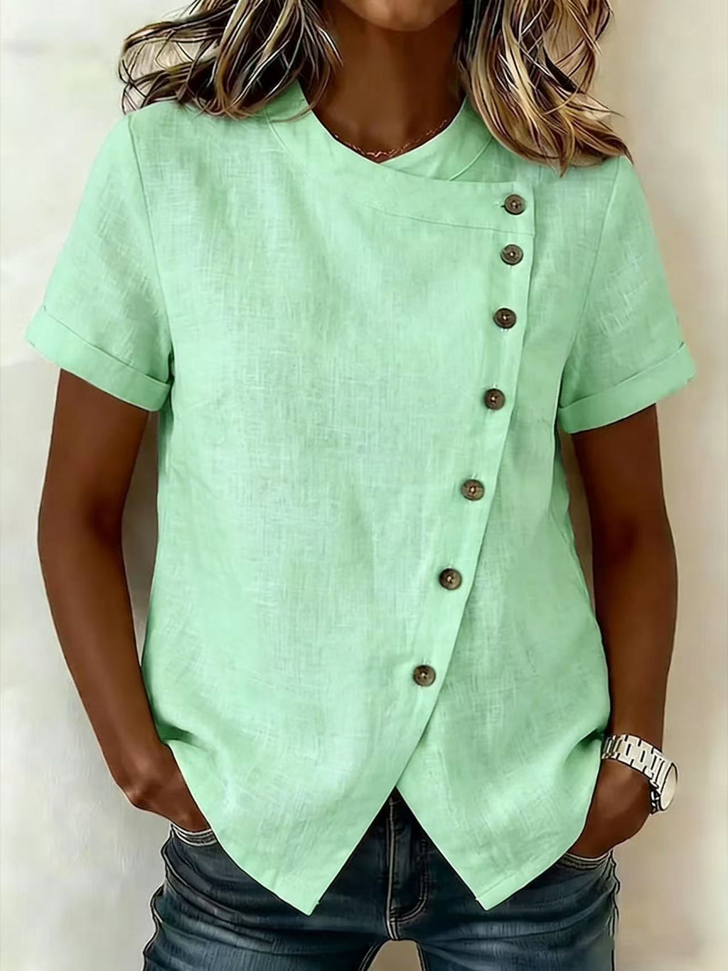 Women's Cross-Neckline Asymmetrical Hem Cotton Linen Top – Loose Fit