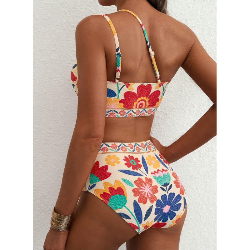 One-Shoulder Floral High-Waisted Bikini Set – Belly-Cinching Two-Piece Swimsuit