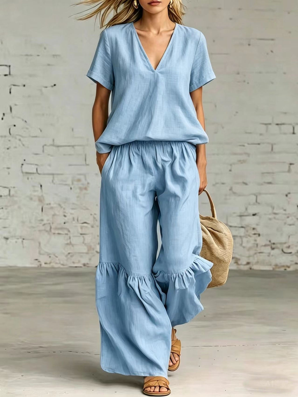 V-Neck Loose Short-Sleeve Top & Pants Set – 7 Colors, S–5XL