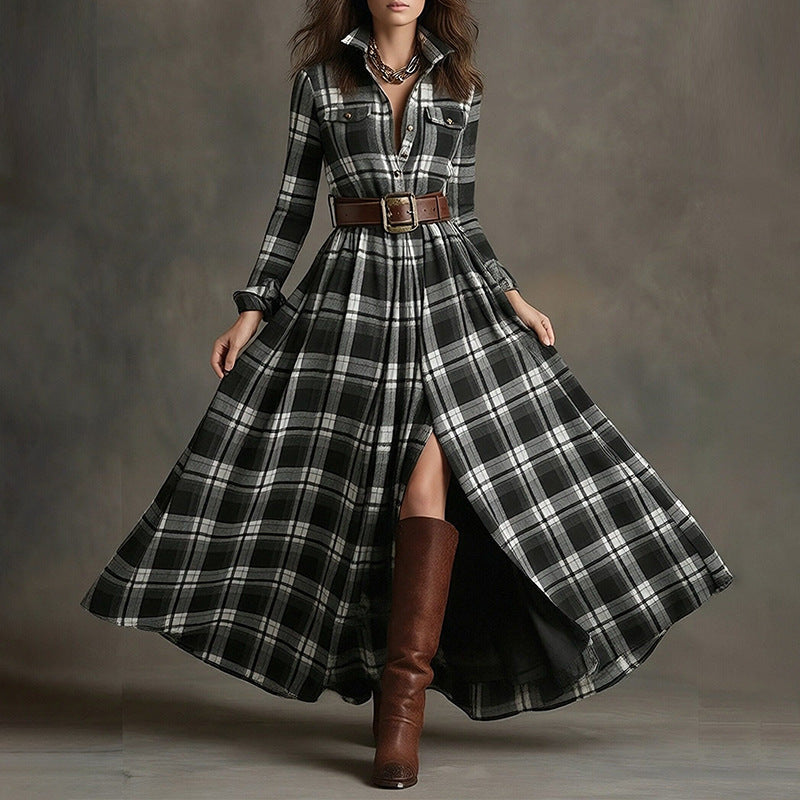 Women's Printed Lapel Slim-Fit Dress – Elegant Commuter Style