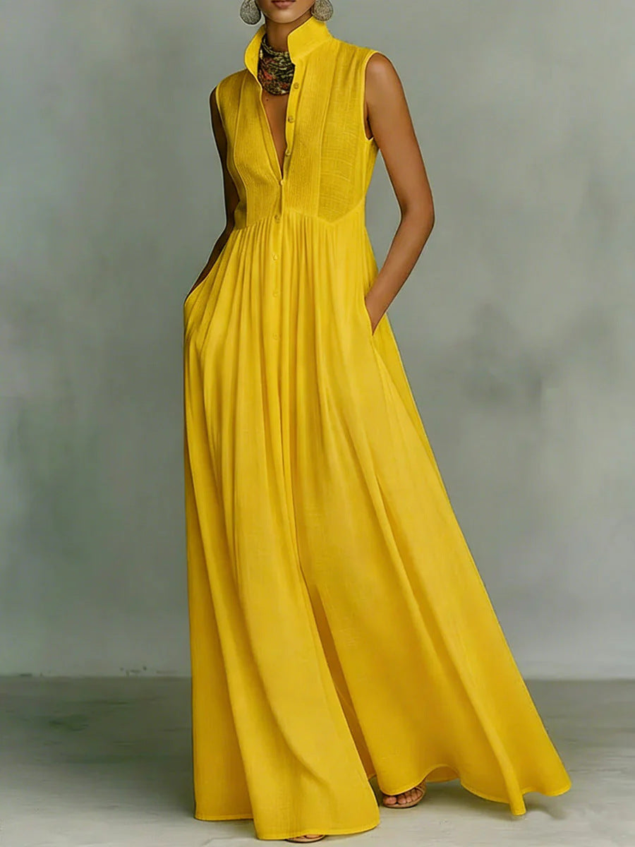 Women's French-Style High-Waist Midi Dress with Ribbon Tie