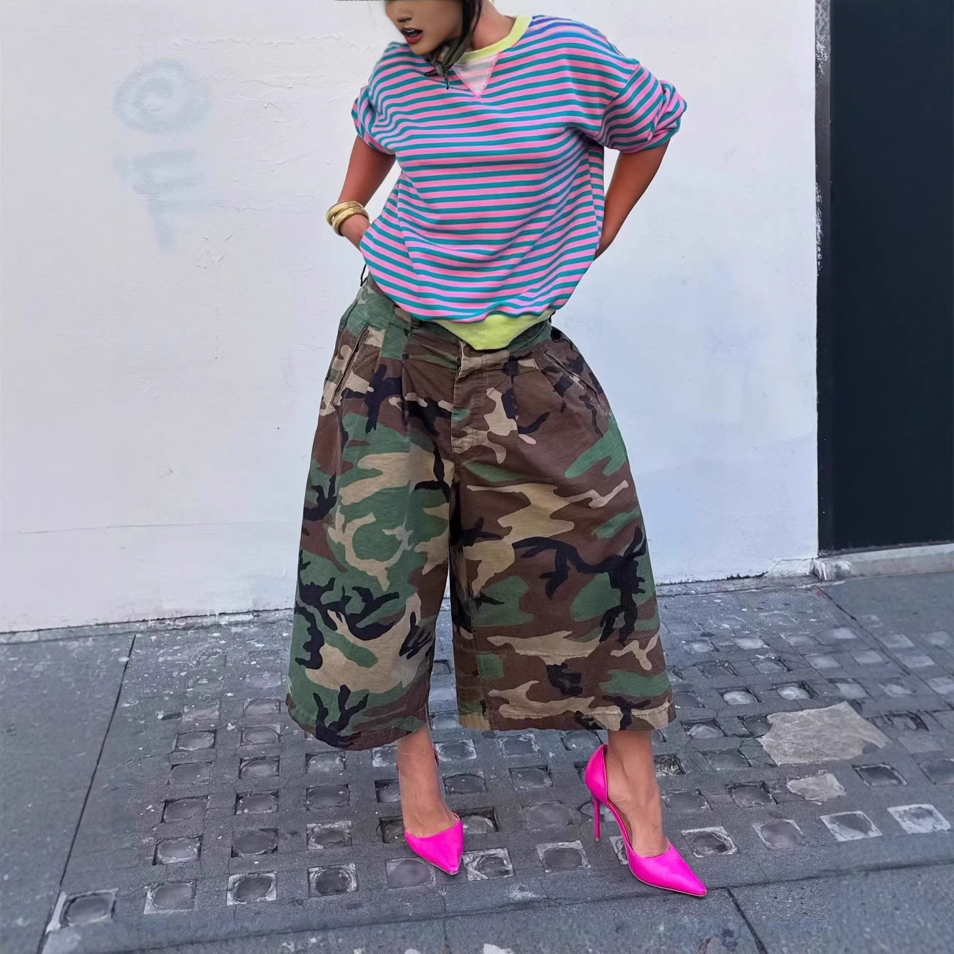 Women's Wide-Leg Cargo-Style Pants with Zipper & Button Detail