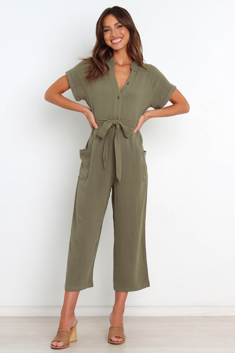 Women's V-Neck Cropped Wide-Leg Knit Jumpsuit
