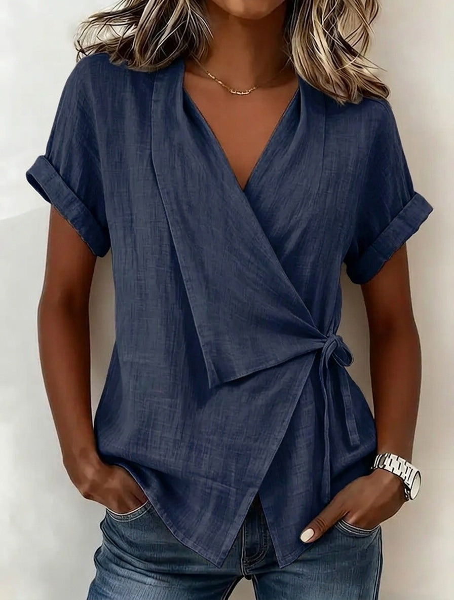Women's Casual Lapel Collar Lace-Up Short-Sleeve Linen Top