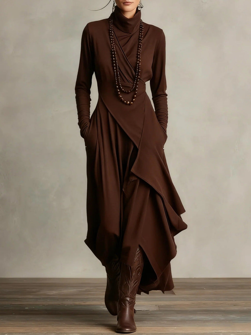 Women's Cross-Wrap High-Neck Long-Sleeve Maxi Dress