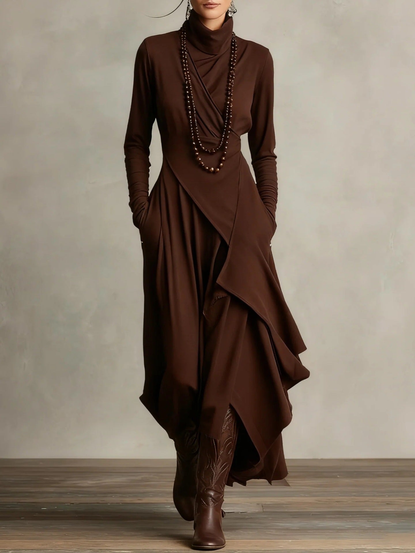 Women's Cross-Wrap High-Neck Long-Sleeve Maxi Dress