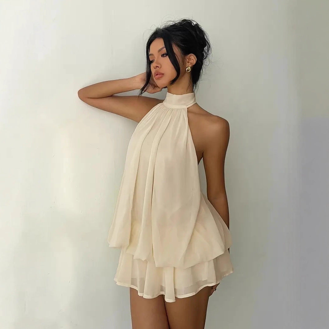 Women's Backless Halter Neck High-Waist Mini Dress with Puffy Skirt