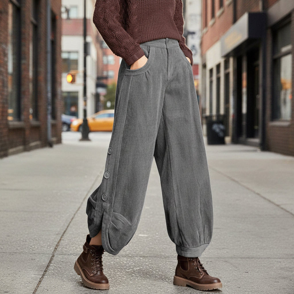 Corduroy Wide-Leg Pants with Lace-Up Detail | Street Style