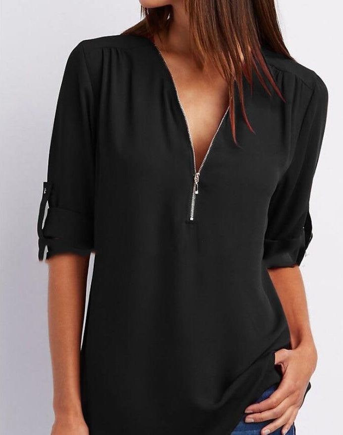 Women's Short-Sleeve Zip V-Neck Loose Top