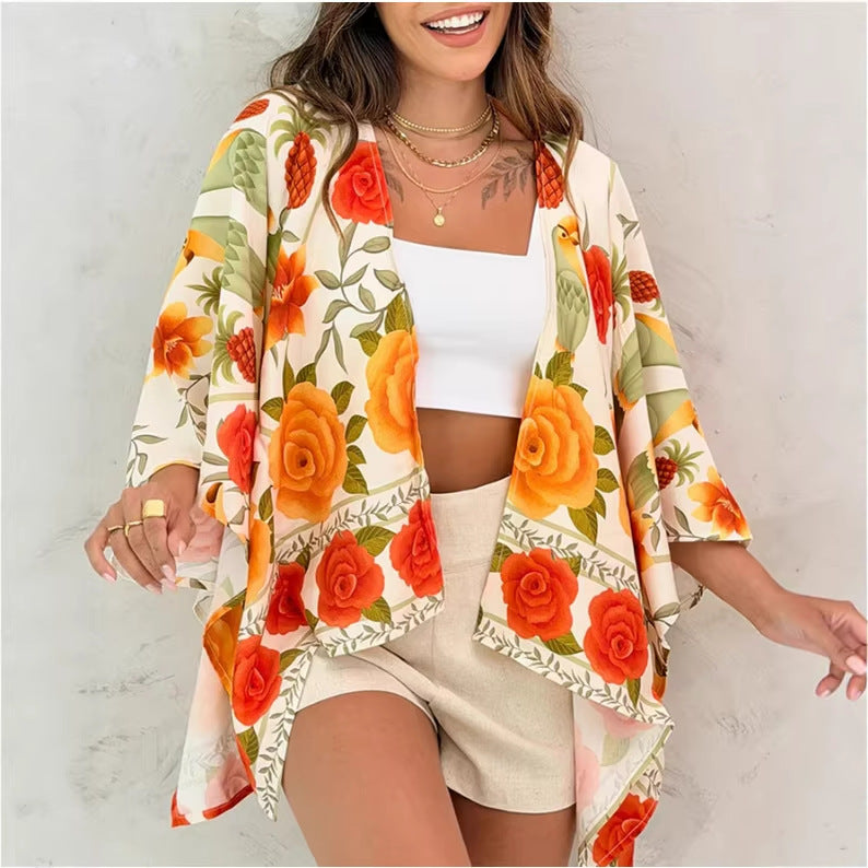 Women’s Printed Cardigan Top with Drop Shoulder Sleeves