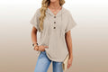 Women's Waffle Knit Hooded Short-Sleeve Top – Drawstring Button Pullover
