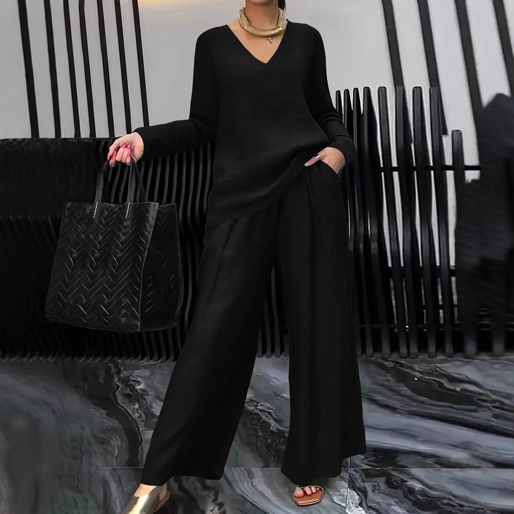 Solid Color Long Sleeve Top & Pants Two-Piece Travel Set