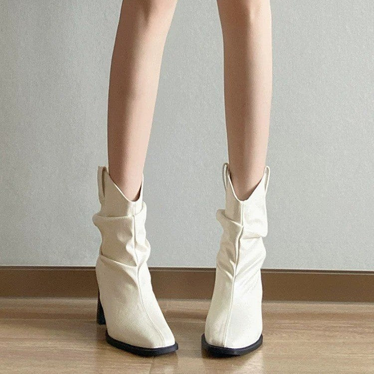 Women's French Luxury Ruched Square Toe Block Heel Slouch Ankle Boots