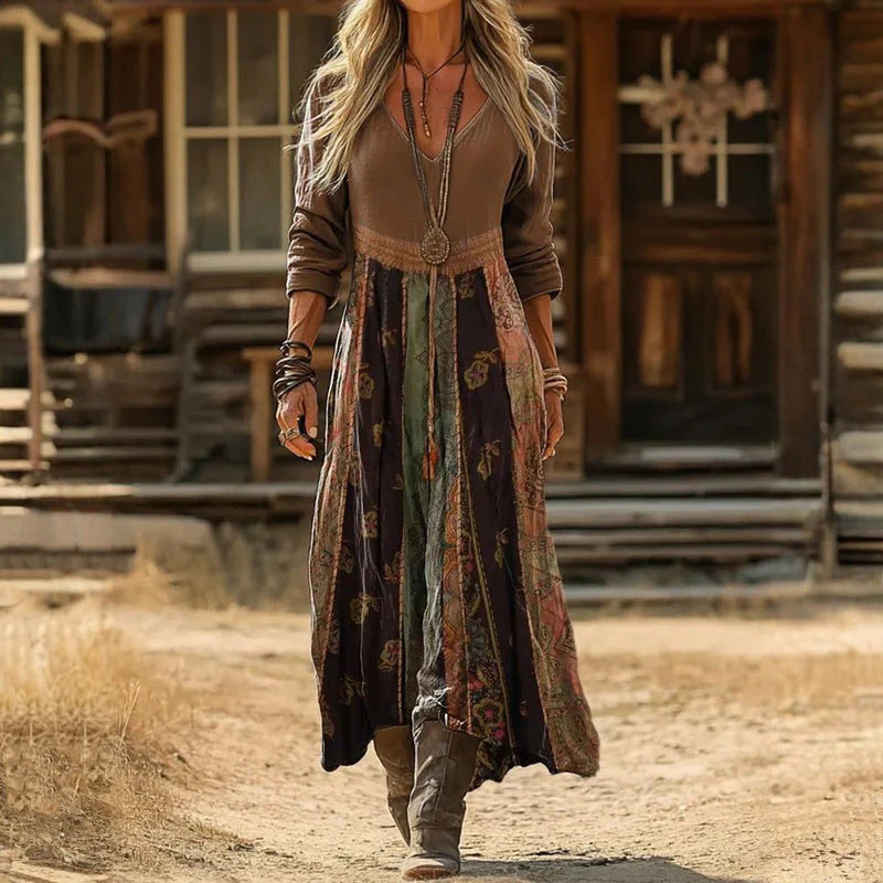 Women's Retro Chic 3D Print V-Neck Long-Sleeve A-Line Dress