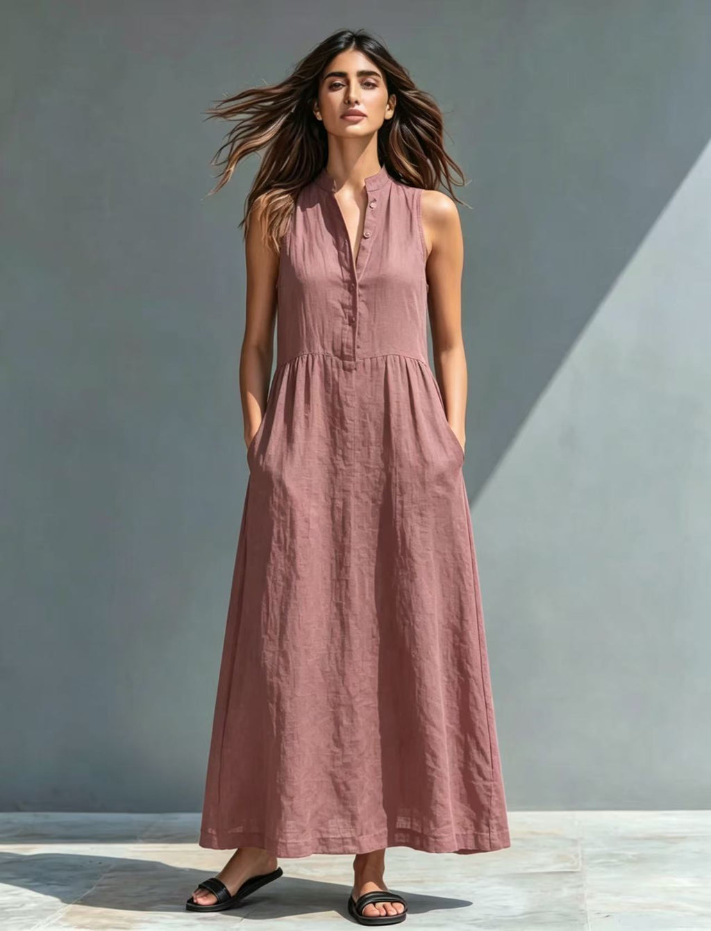 Women's Stand-Collar A-Line Maxi Dress – Resort & Vacation Style
