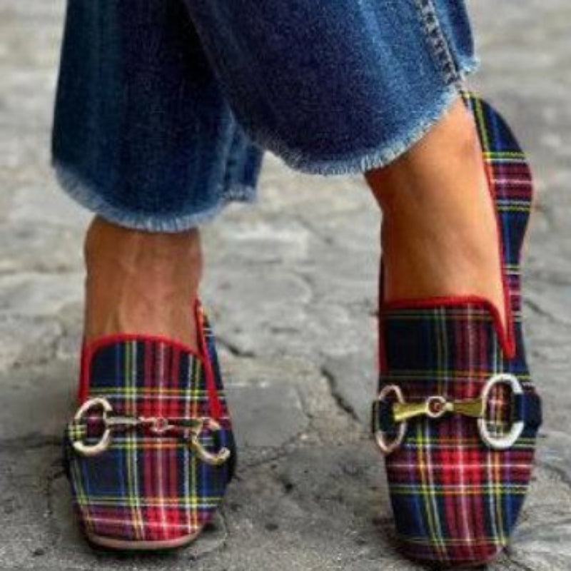 Women's Plaid Square Toe Flats – Buckle Casual Shoes in Red & Blue