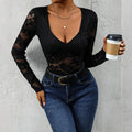 Women’s Lace Long Sleeve Bodysuit – Deep V Neck Solid Top
