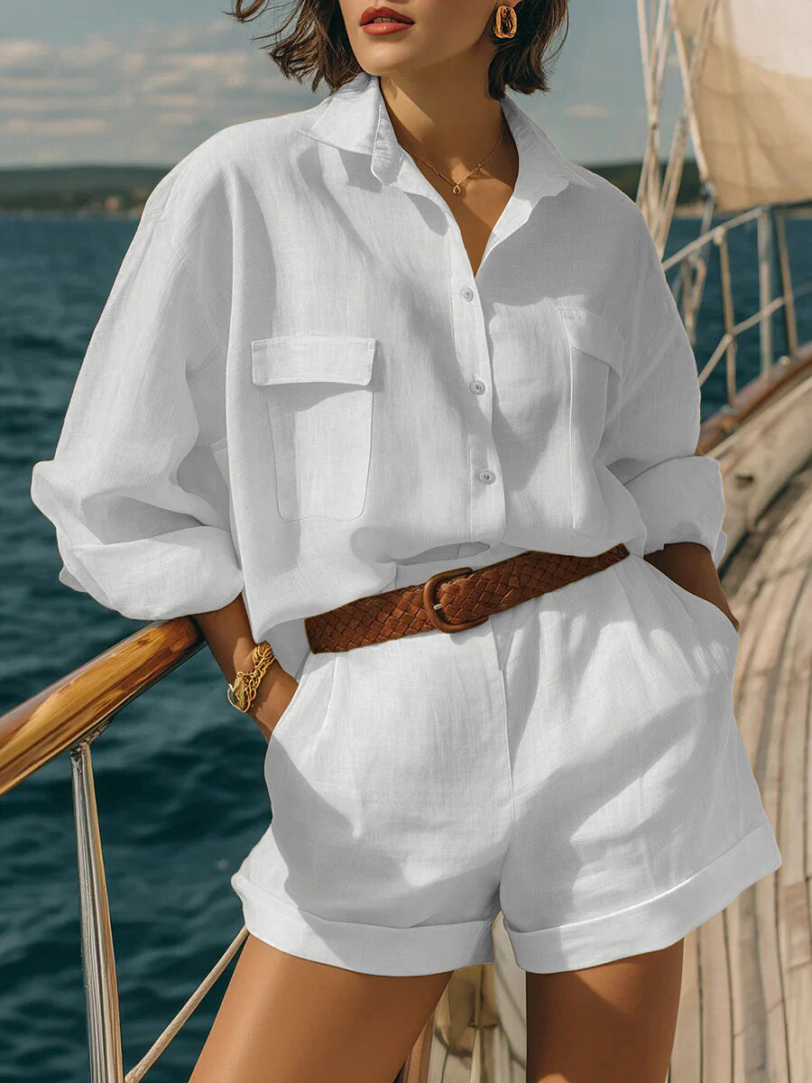 Cotton-Linen Loose-Fit Button-Down Shirt and Shorts Casual Set