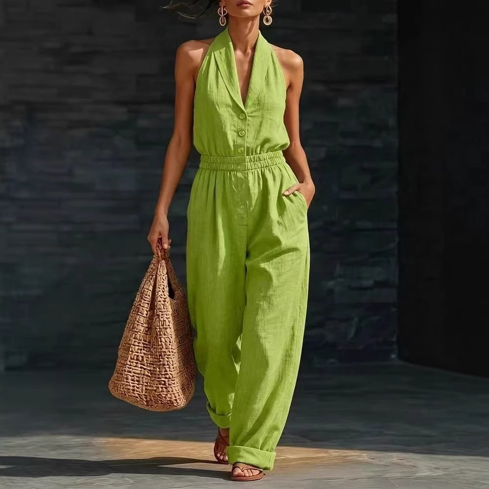 Women's Knitted V-Neck Slim-Fit Cropped Jumpsuit