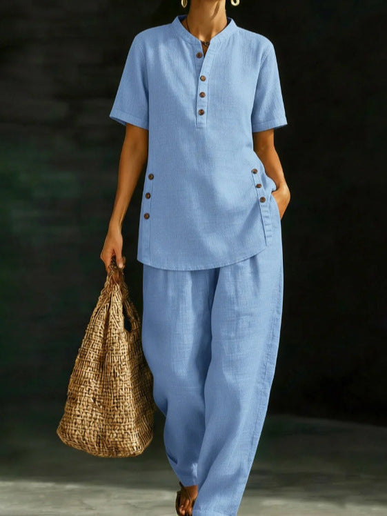 Three-Quarter Sleeve Shirt & Wide-Leg Pants Two-Piece Set – Solid Color Casual